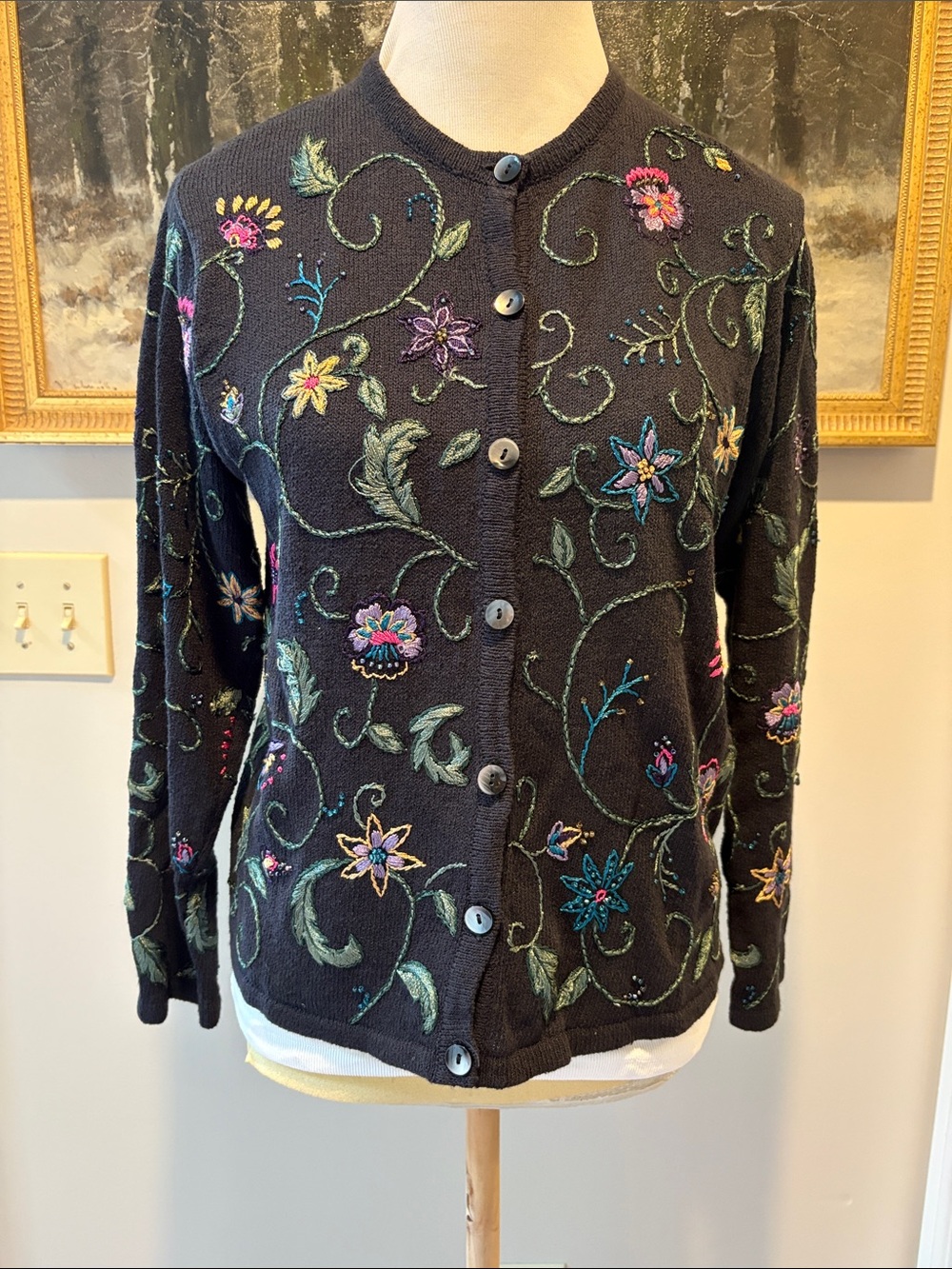 Talbots Petites embroidered beaded linen cotton blend cardigan sweater size 8